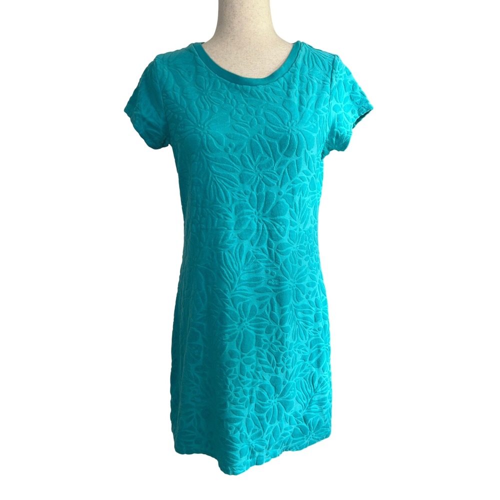 Lands' End Turquoise Floral Textured Terry Short Sleeve Shift Dress XS 2-4